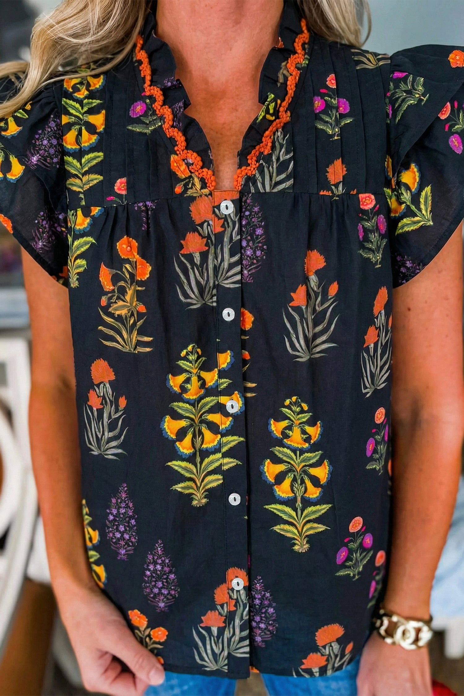 Black Floral Print Lace Trim Frilled V Neck Short Sleeve Shirt Shewin Blouses & Shirts