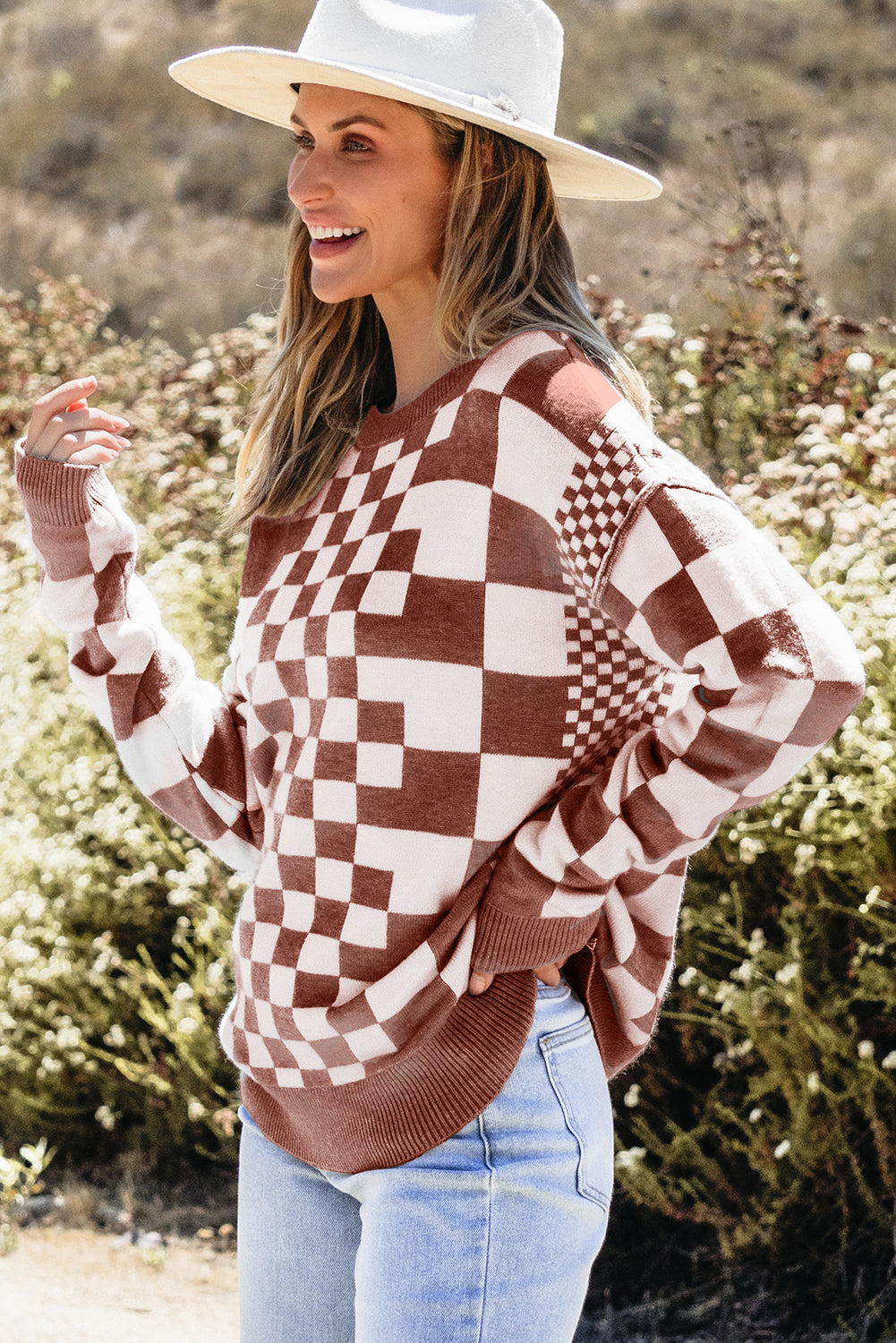 Brown Checkered Drop Shoulder Round Neck Sweater