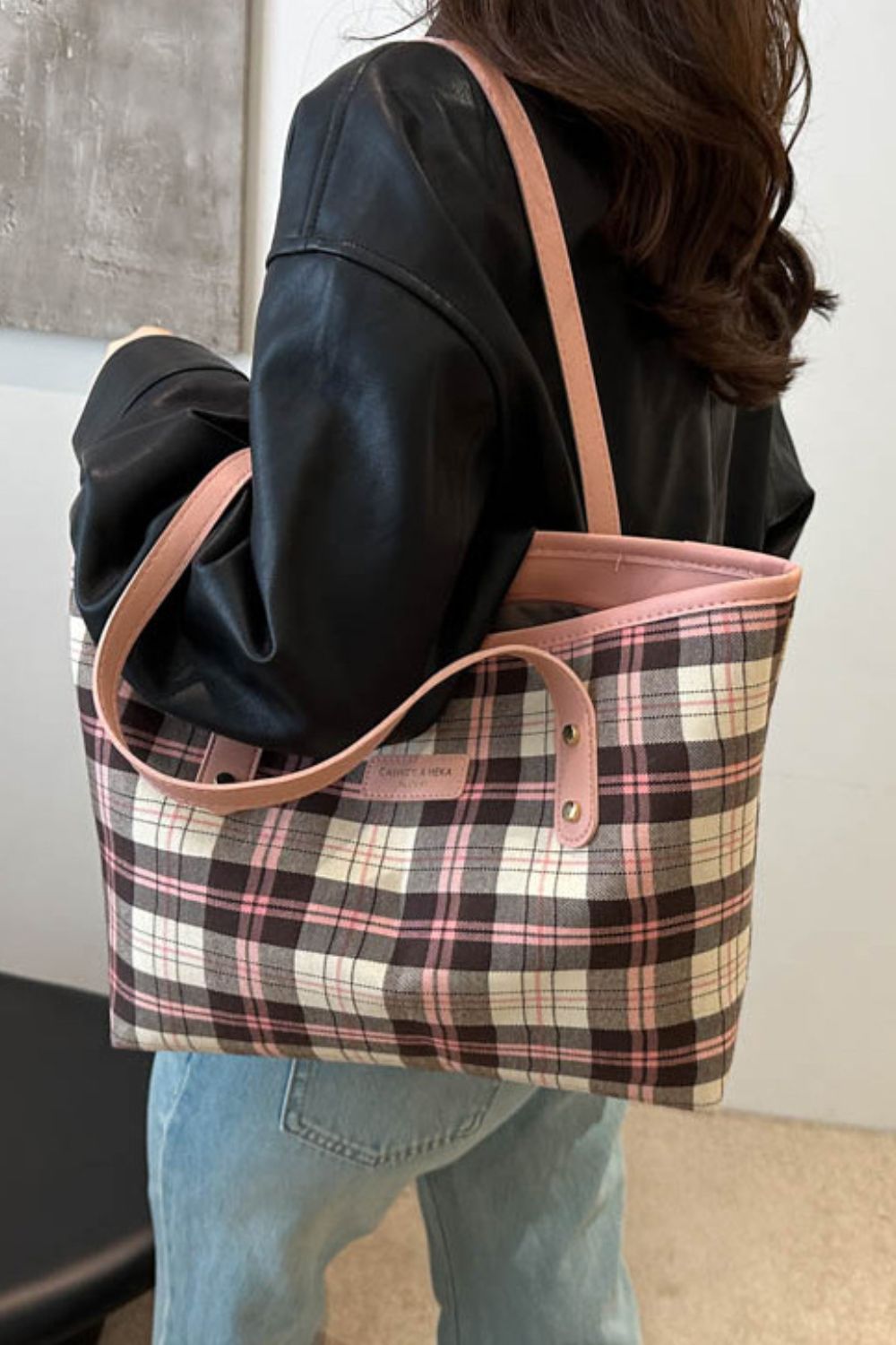 Brown Plaid PU Leather Tote Bag