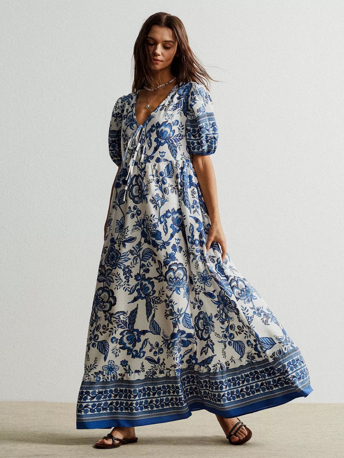 Blue Floral V-Neck Puff Half Sleeve Maxi Navy Bazaare Mart Floral Print Tie-Neck Puff Sleeve Maxi Dress