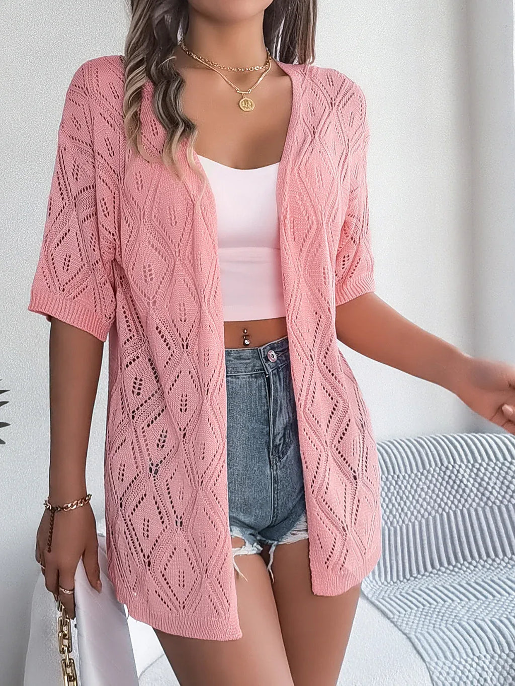 Openwork Open Front Half Sleeve Cardigan Trendsi Openwork Open Front Half Sleeve Cardigan