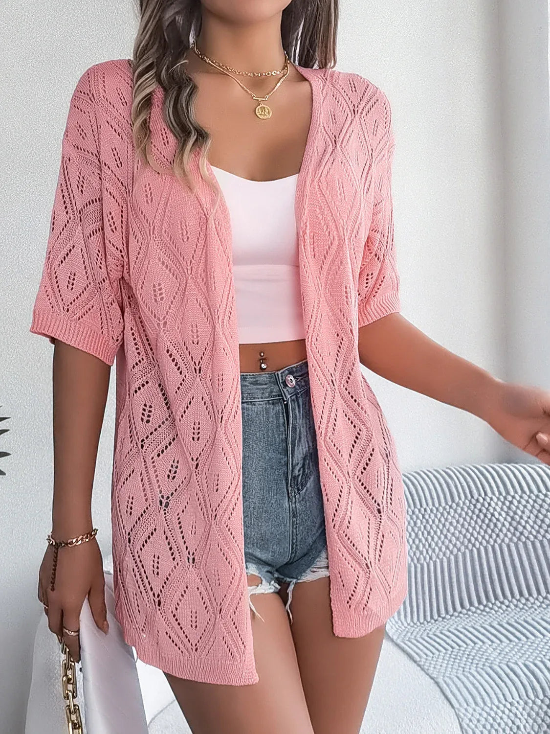 Openwork Open Front Half Sleeve Cardigan Trendsi Openwork Open Front Half Sleeve Cardigan
