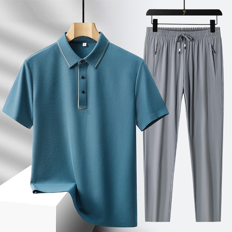 Blue/Grey Seamless Polo Shirt and Pants Set