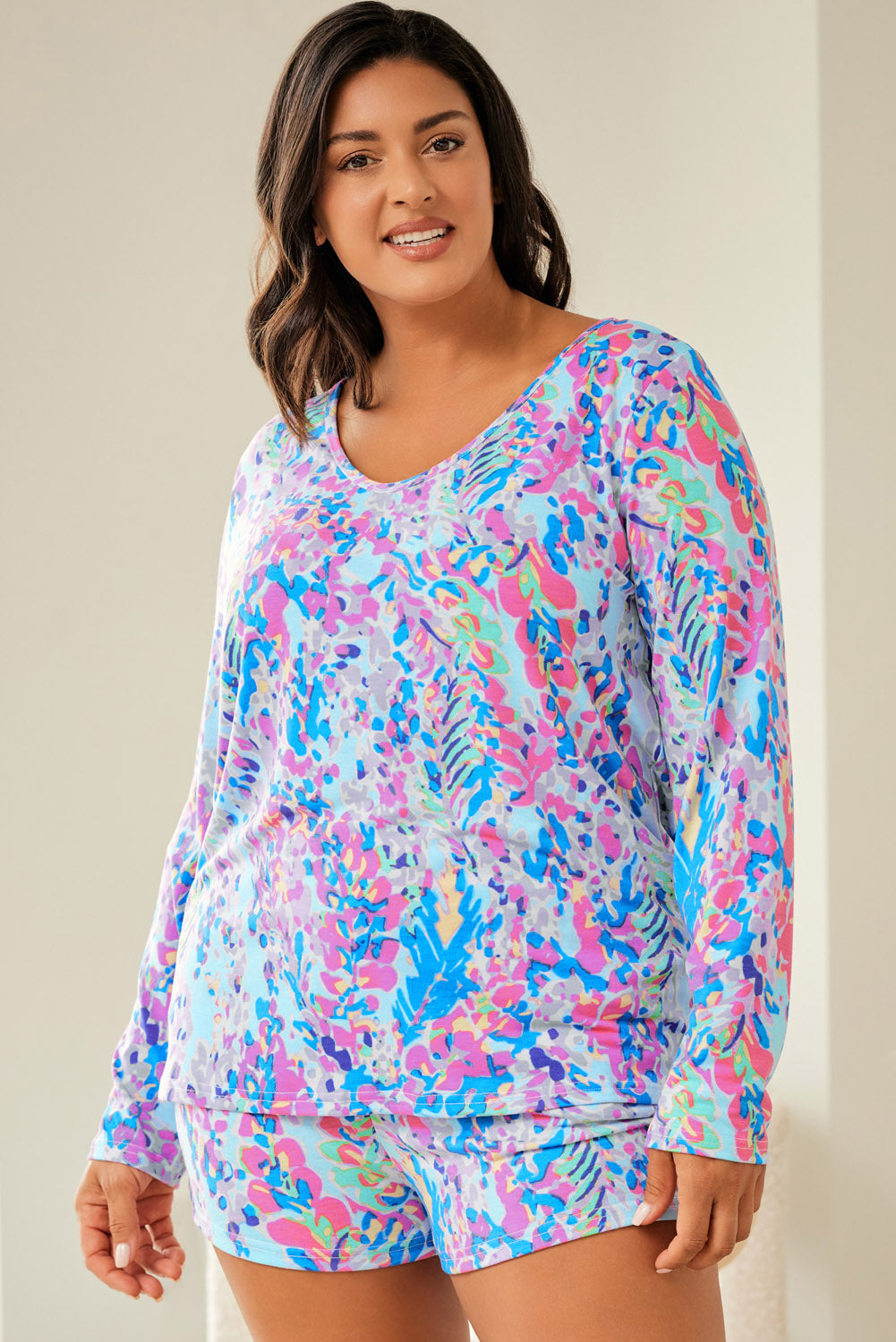 Multicolor Printed 3/4 Sleeve Split Neck Plus Size Tunic Top