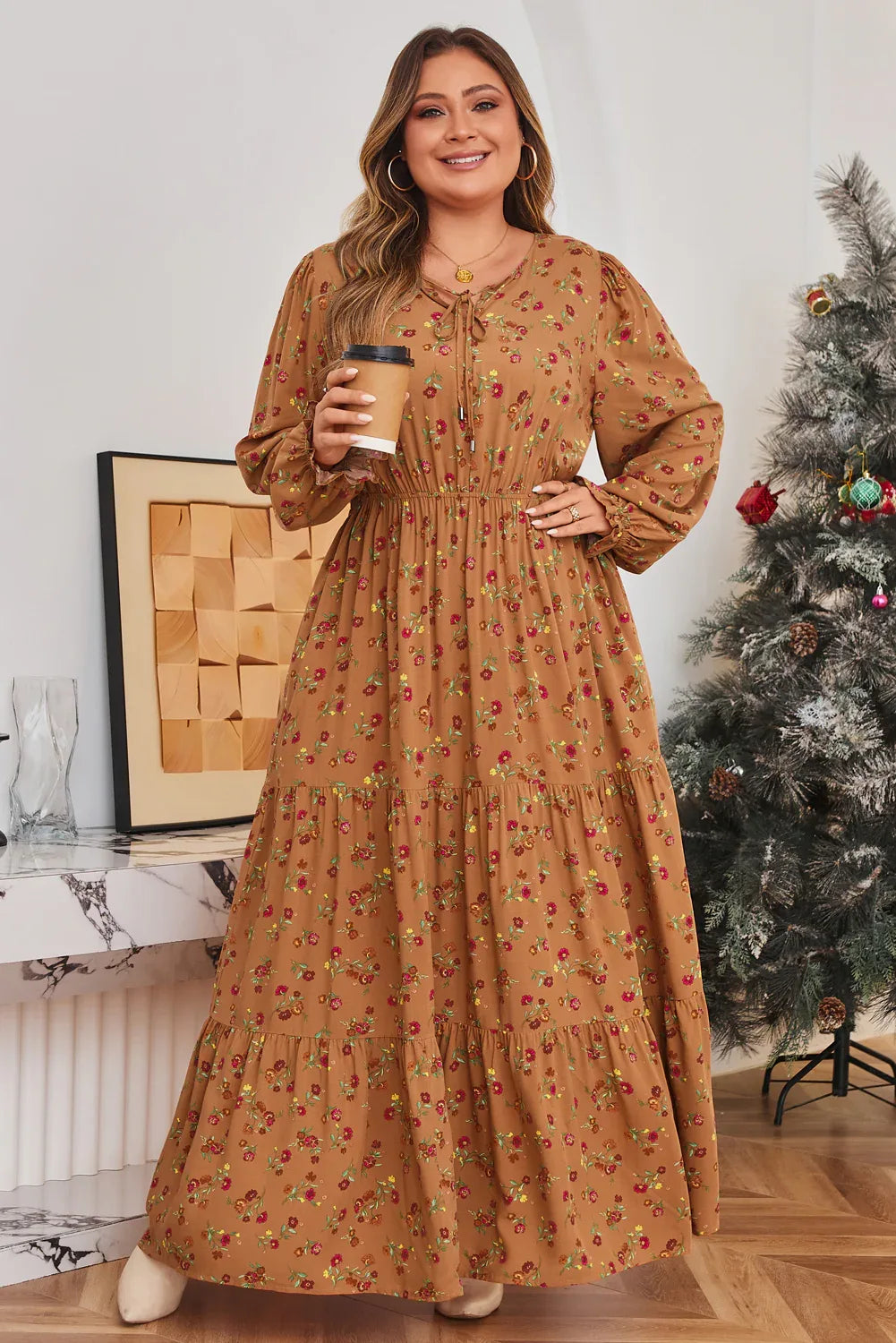 Brown Floral Ruffled Sleeve Tiered Maxi Dress Bazaare Mart Plus Size/Plus Size Dresses/Plus Size Maxi Dresses