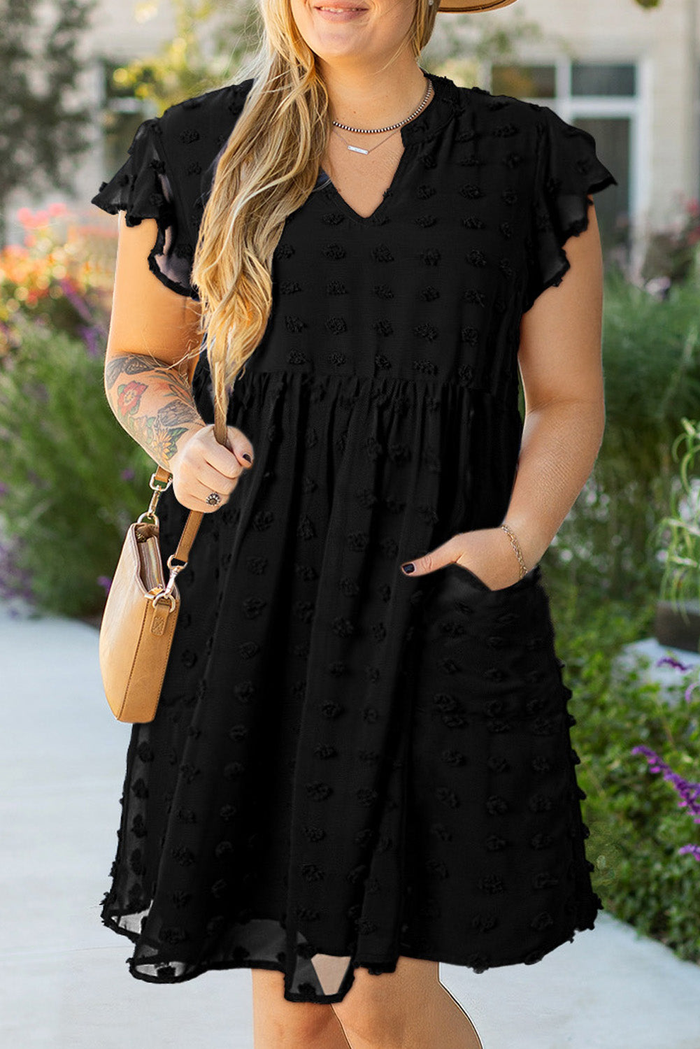 Black Dotty Textured Notched Neck Cap Sleeve Dress