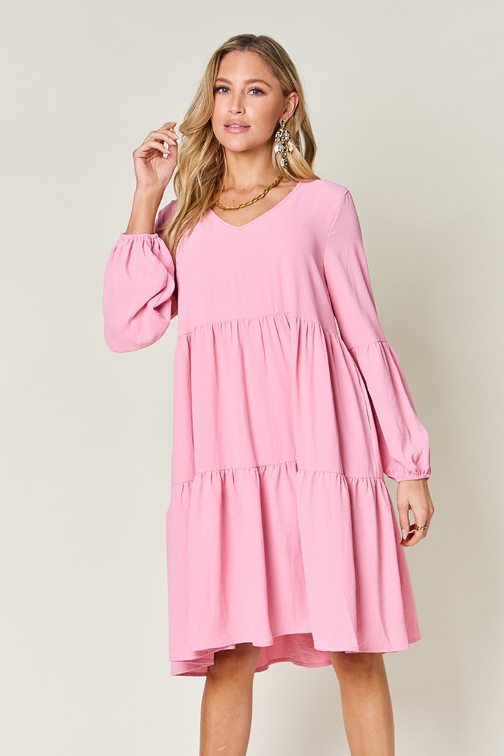 Pink V-Neck Balloon Sleeve Tiered Dress with Pockets