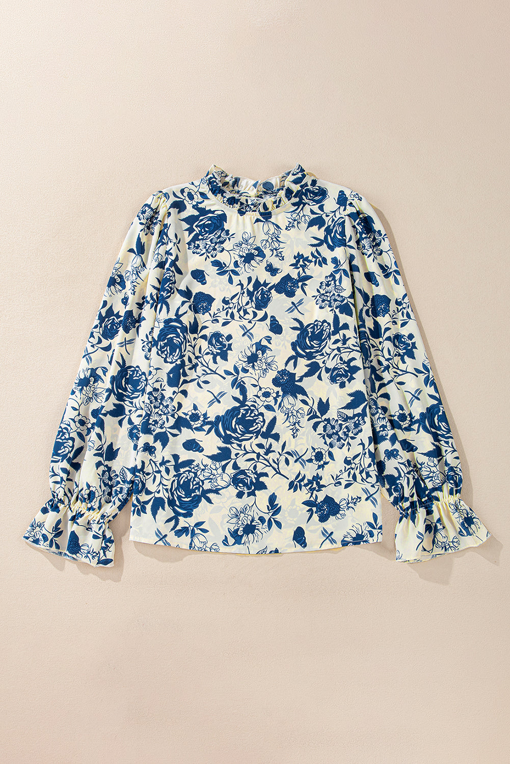 Retro Blue Floral Long Puff Sleeve Keyhole Back Blouse