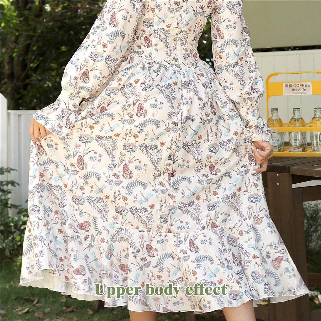 Floral Sweetheart Neck Long Puff Ruffle Sleeve Midi Dress