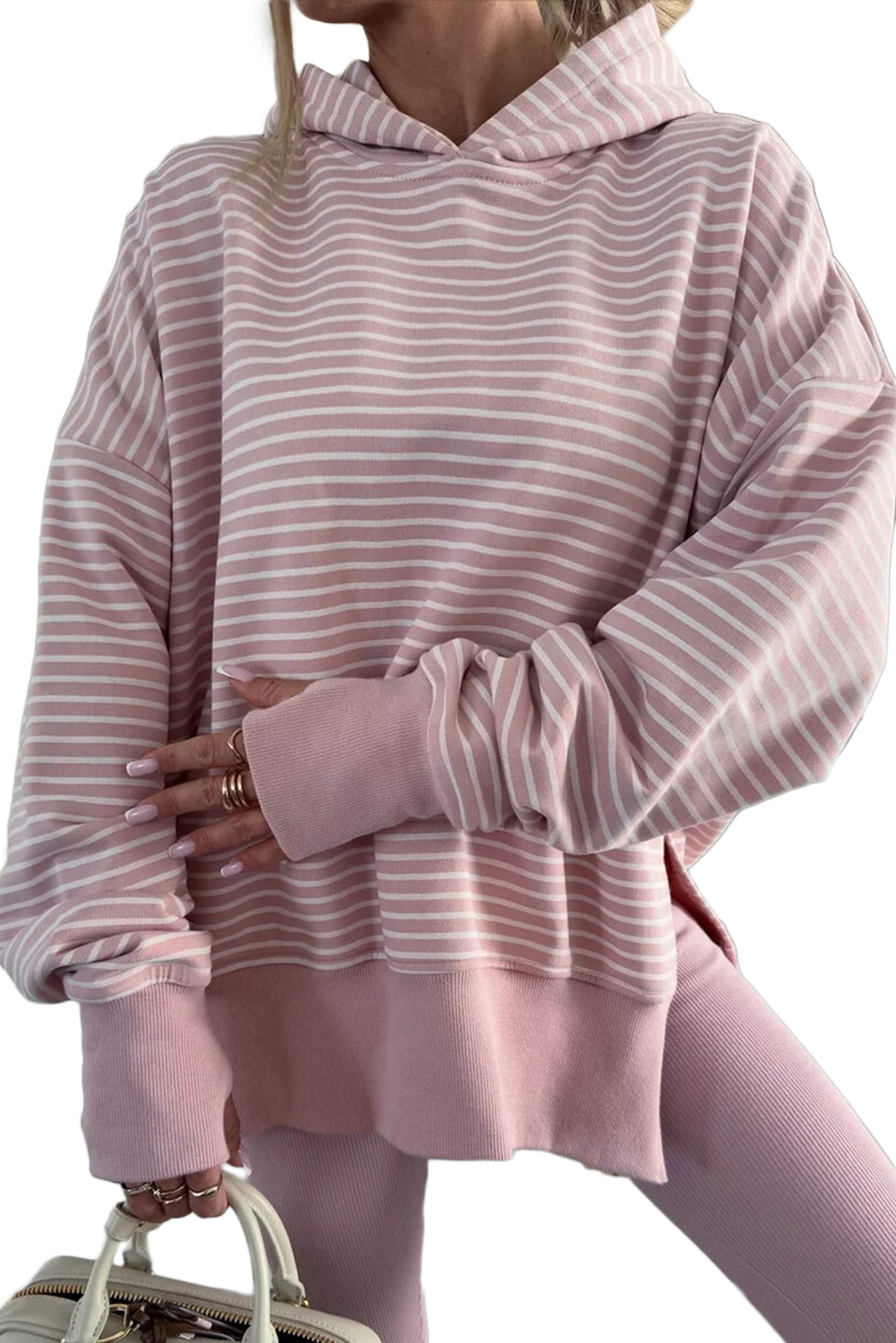 Purple Stripe Drop Shoulder Loose Fit Hoodie