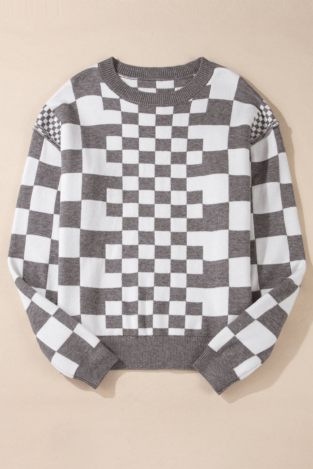 Gray Checkered Drop Shoulder Round Neck Sweater