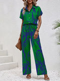 Printed Button Up Shirt and Pants Set Green Trendsi Button Up Shirt and Pants Set