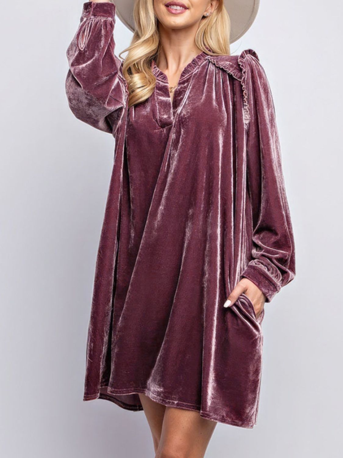Velvet Long Sleeve Dress with Pockets