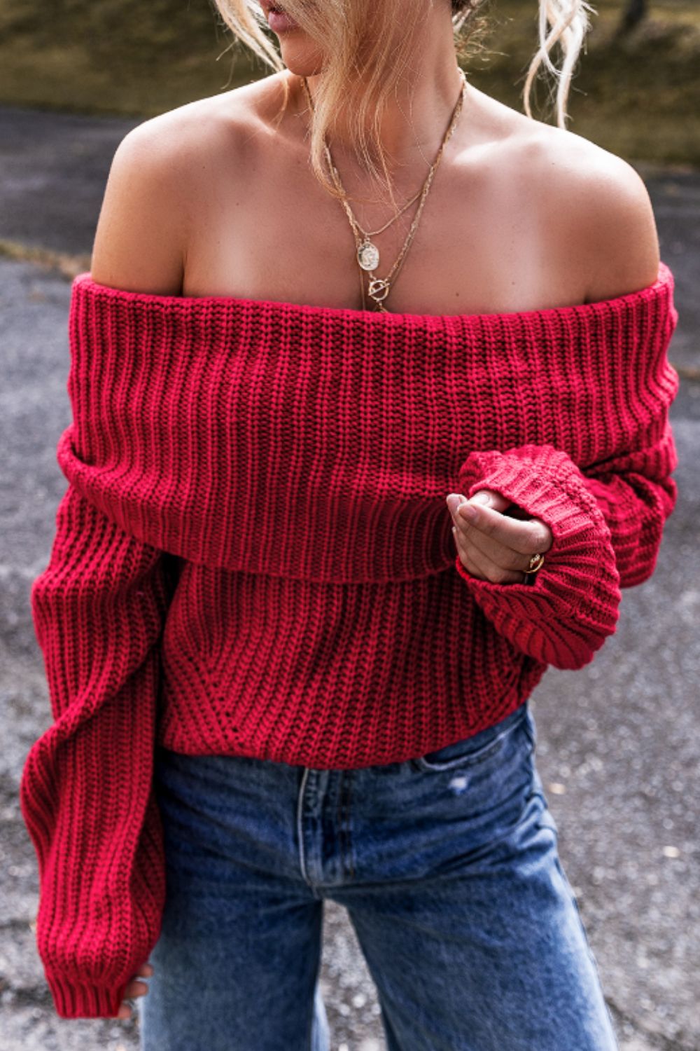 Red Ribbed Off-Shoulder Sweater