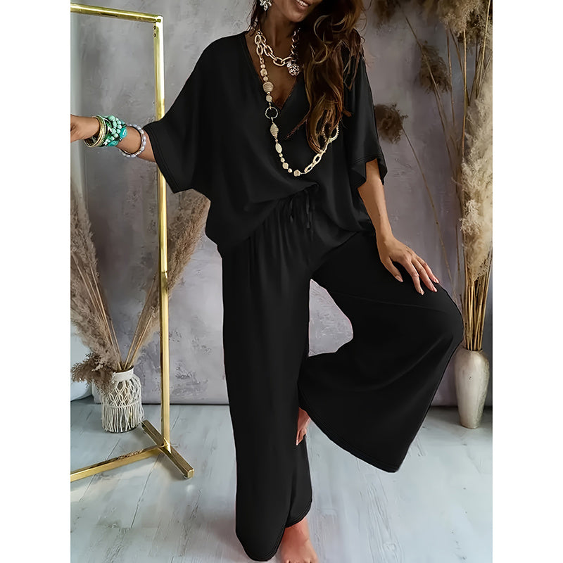 Solid Color V-Neck Half Sleeve Top And Wide Leg Pants Set