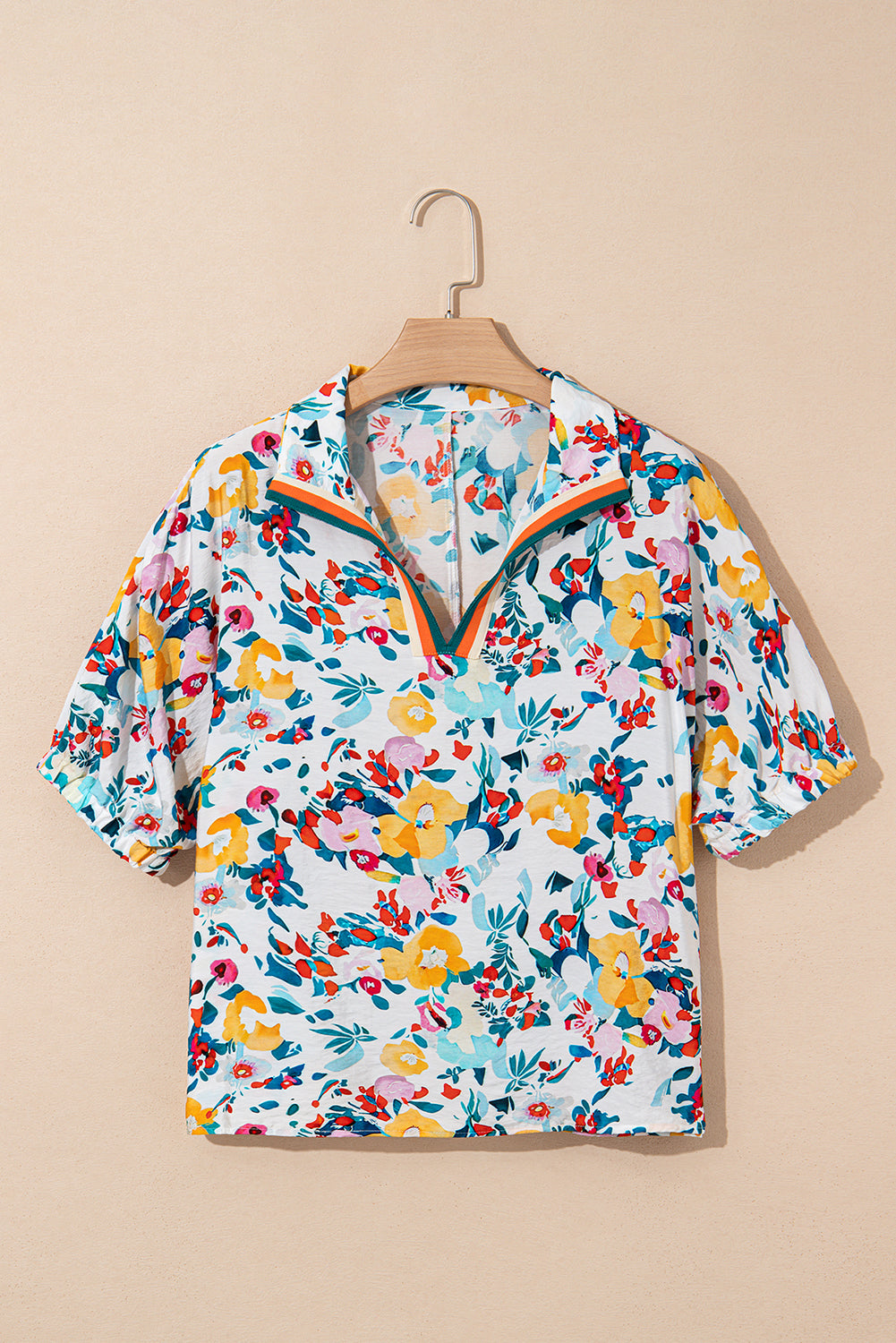 Colorful Floral Print Boho Pop of Color Neckline Blouse Shewin Blouses