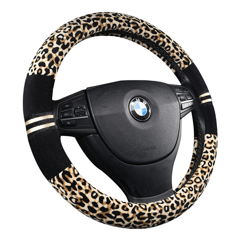 Winter Plush Leopard and Leather Steering Wheel Covers