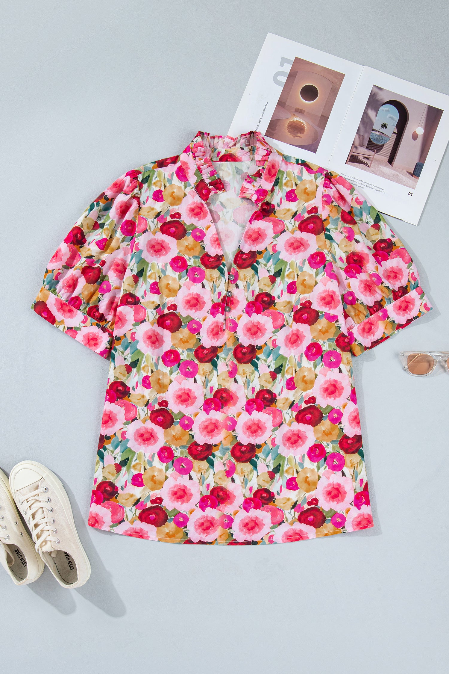 Plus Size Floral Split V-Neck Top – Puff Sleeve Button Detail Blouse Dear-Lover Dropshipping Plus Size/Plus Size Tops/Plus Size Blouses & Shirts