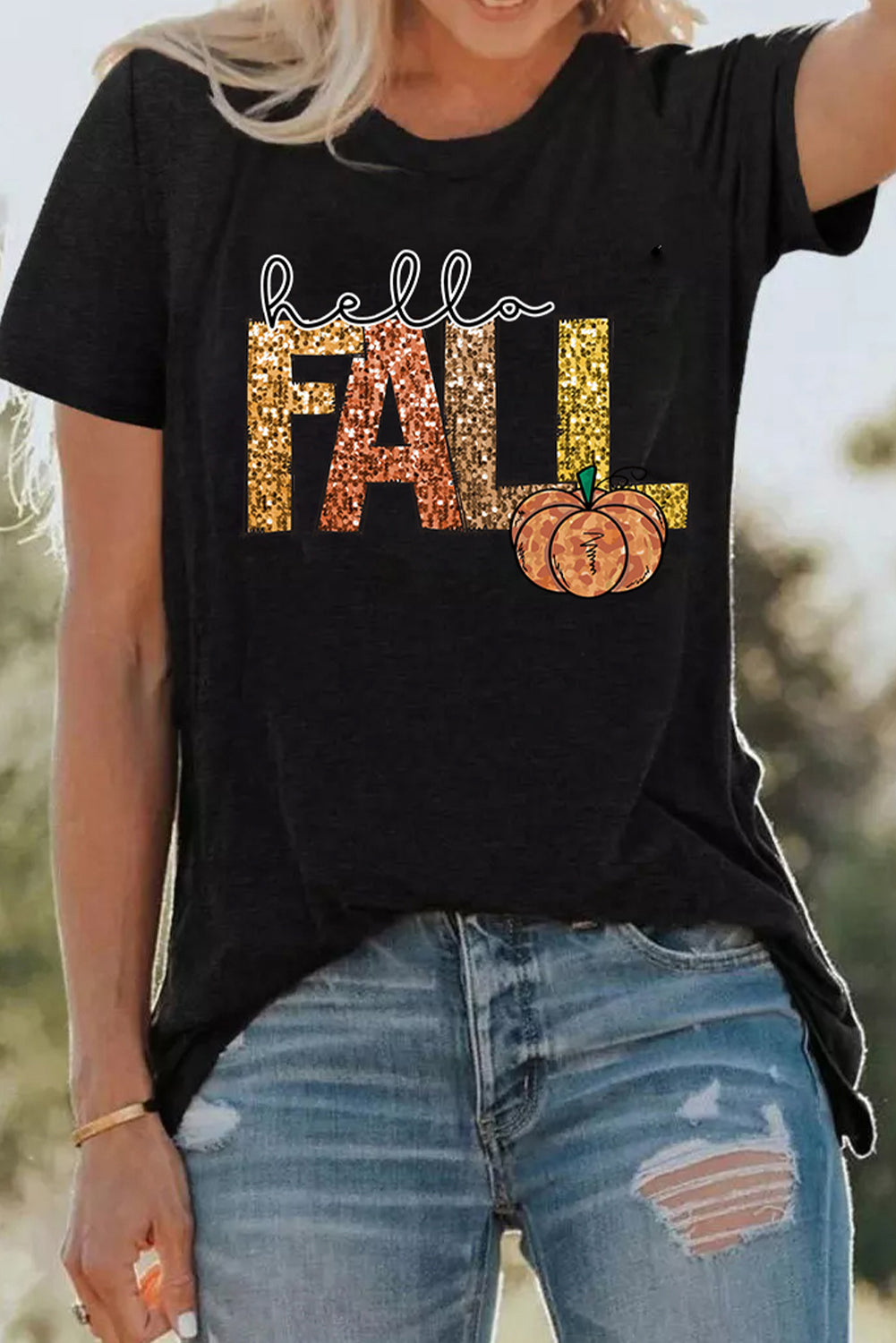 Black Hello Fall Pumpkin Graphic T Shirt