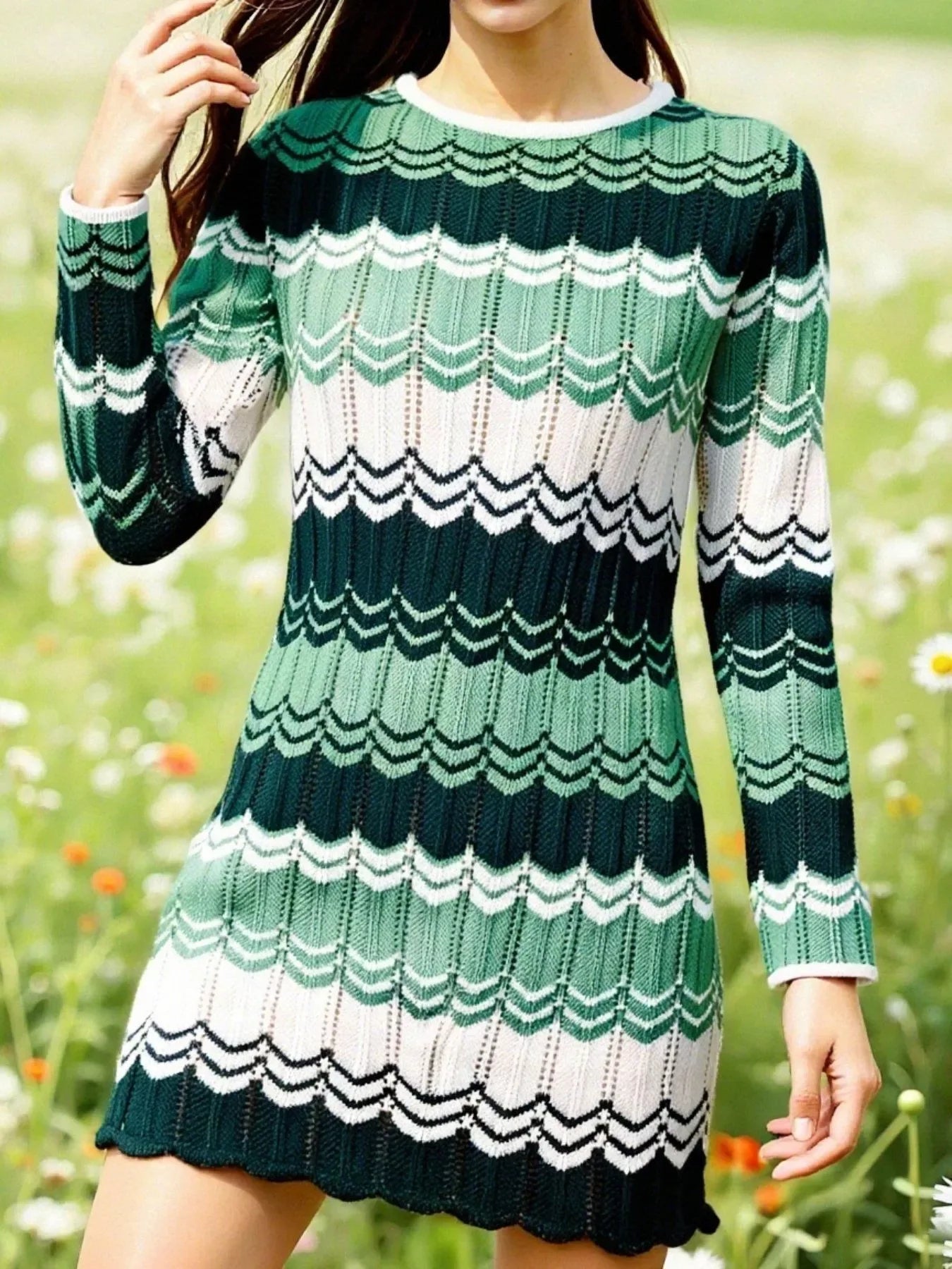 Openwork Wave Pattern Long Sleeve Sweater Dress Green Trendsi Striped Sweater Dress