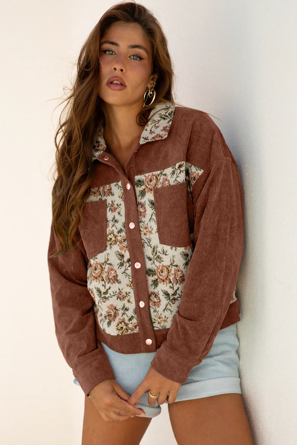Clay Ribbed Retro Floral Patchwork Shirt Style Jacket Bazaarre Mart Outerwear/Jackets