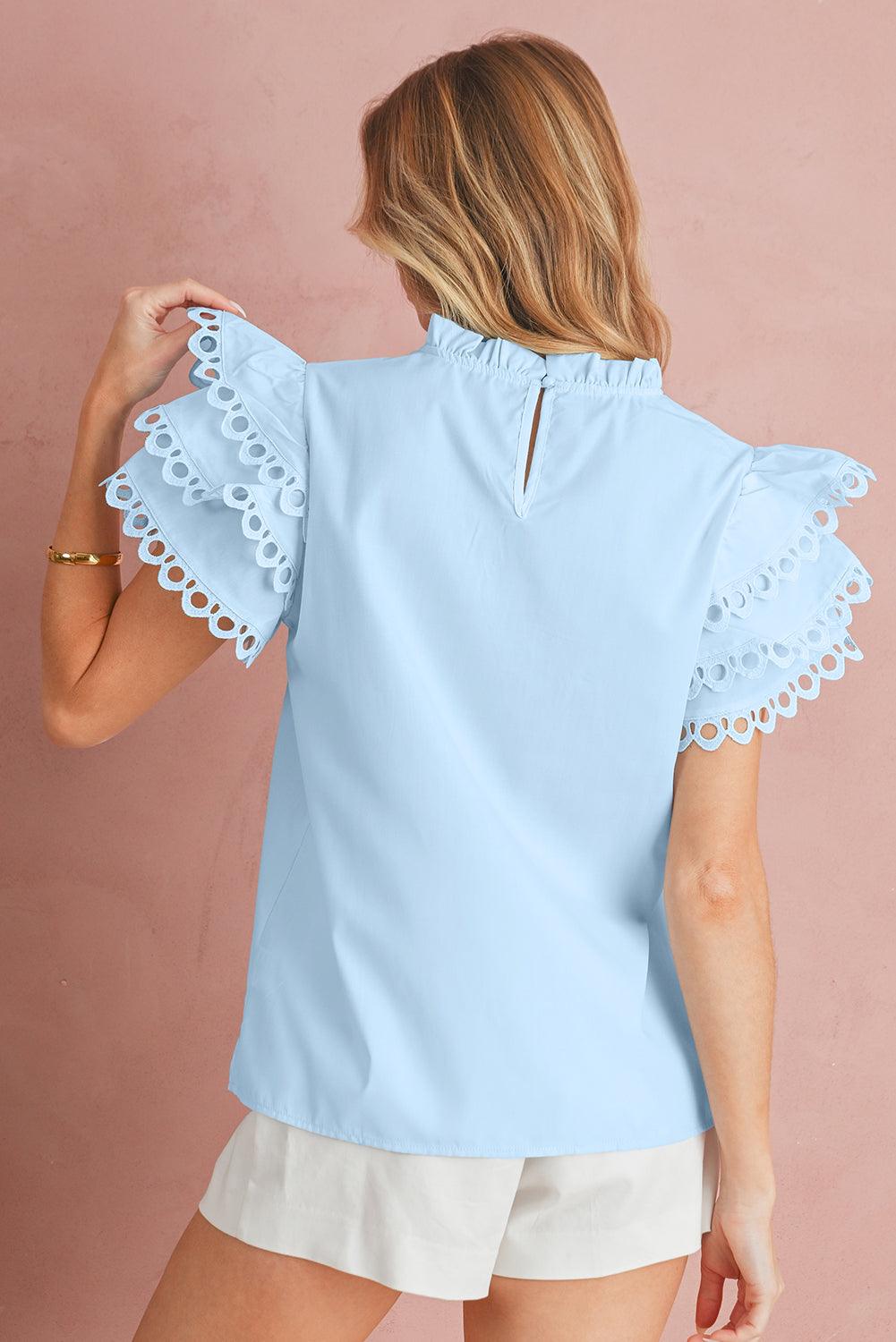 Light Blue Layered Cap Sleeve Frill Neck Blouse