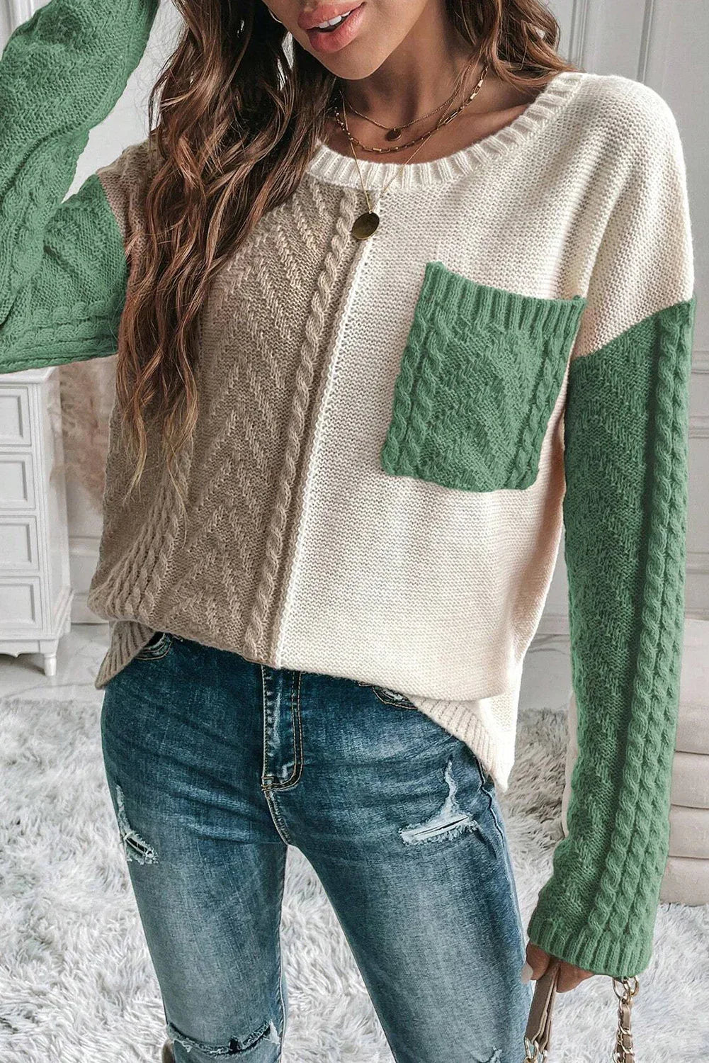 Vineyard Green Colorblock Patched Pocket Drop Shoulder Sweater Bazaare Mart Sweaters & Cardigans/Sweaters
