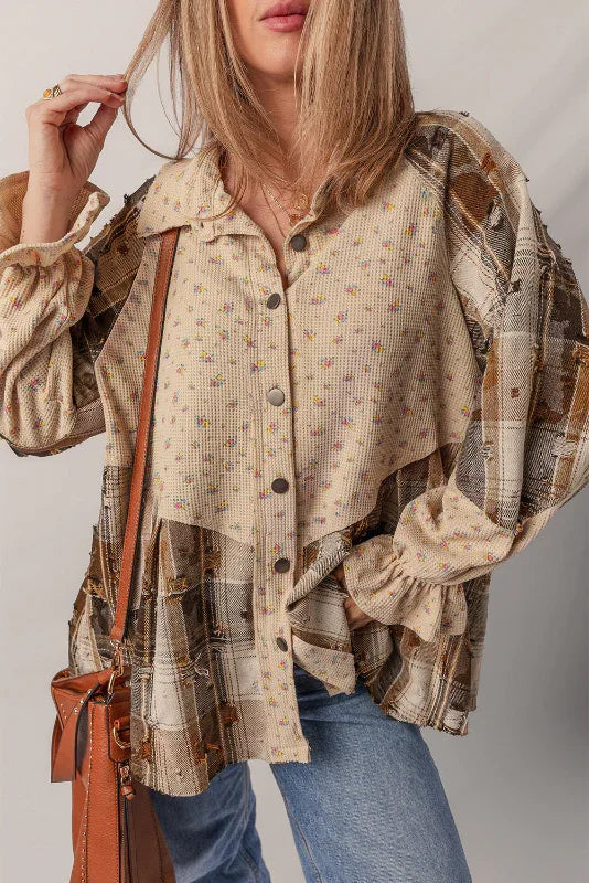 Oatmeal Corduroy Boho Floral Plaid Patchwork Distressed Detail Ruffled Sleeve Blouse Bazaare Mart Blouses