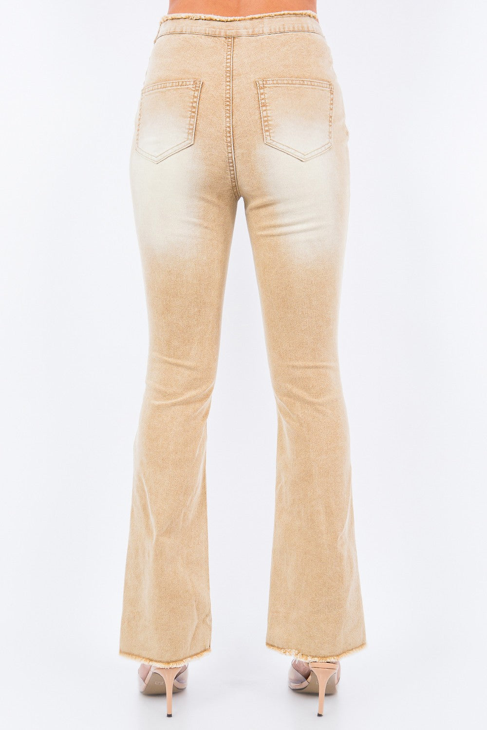 Distressed Beige V-Cut Ruched Flare Pants