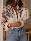 White Embroidered Floral Button Up Long Sleeve Blouse White Bazarre Mart Floral Long Sleeve Blouse
