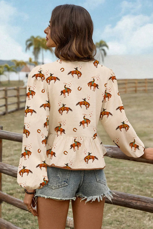 Apricot Rodeo Print Tied Front Puff Sleeve Peplum Top Shewin Blouses