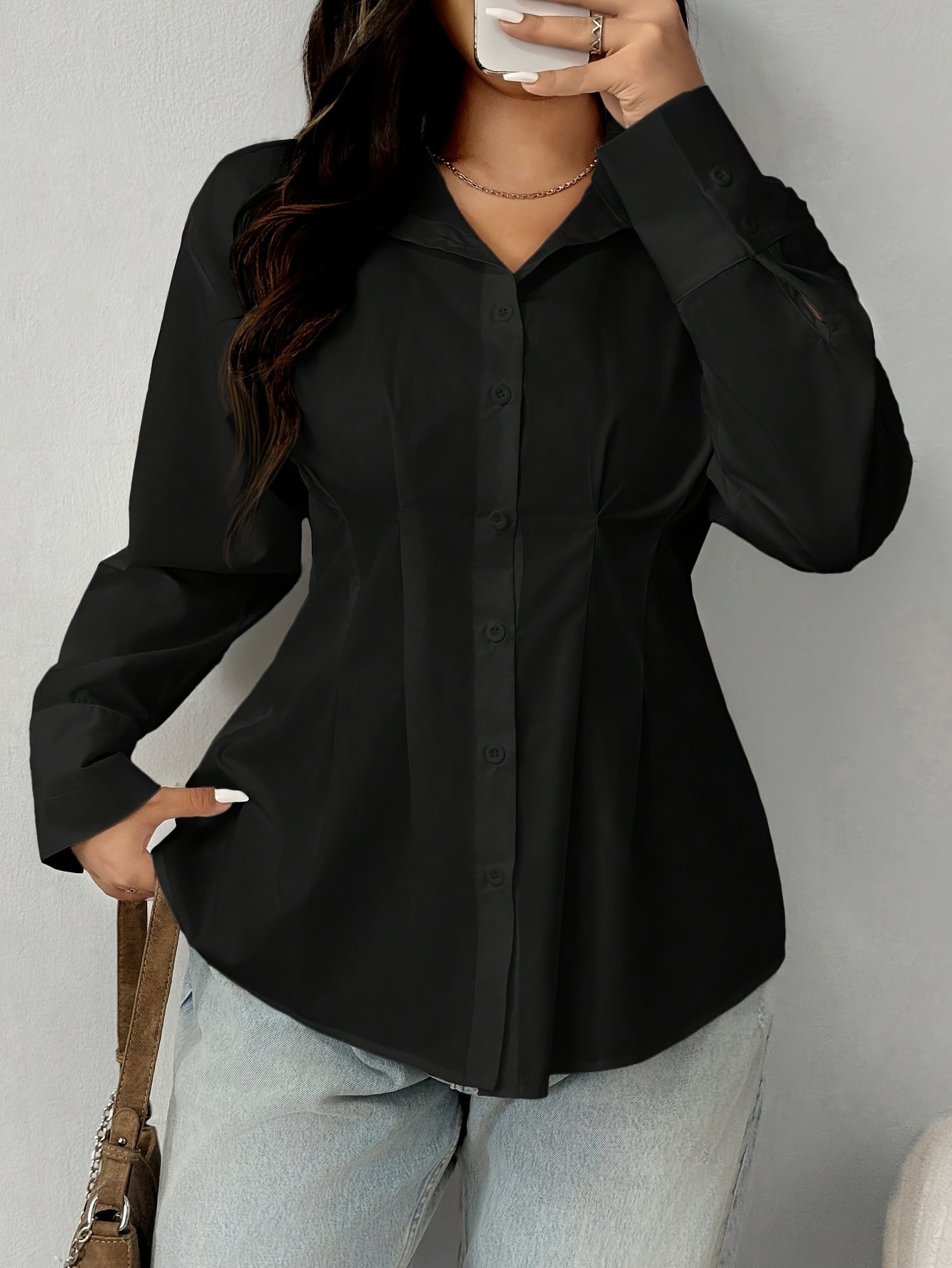 Women's Long Sleeve Button Up Cinched Waist Blouse