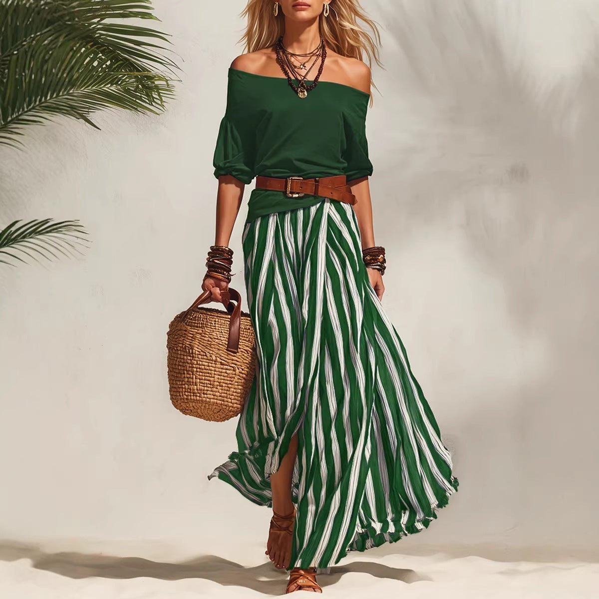 Women’s Off-Shoulder Top & Stripe Slit Maxi Skirt Set – Two-Piece Matching Outfit CJ Dropshipping 2pc. Maxi Skirt Set