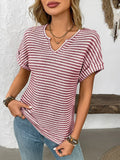 Striped Notched Short Sleeve T-Shirt Deep Red Trendsi Striped Notched Short Sleeve T-Shirt