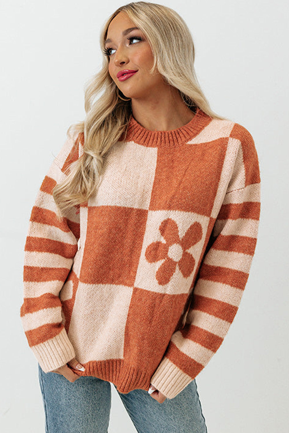 Checkered Floral Print Striped Sleeve Sweater