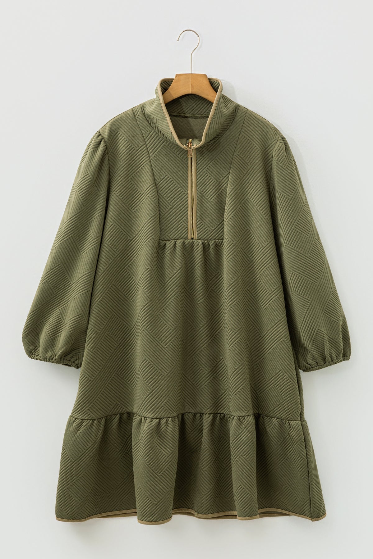Sage Green Textured Mini Dress – Quarter-Zip Ruffle Hem
