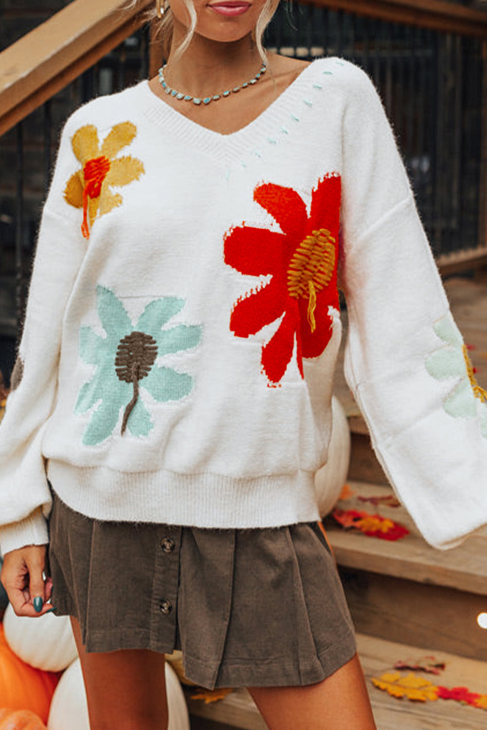 Big Flower V Neck Drop Shoulder Sweater