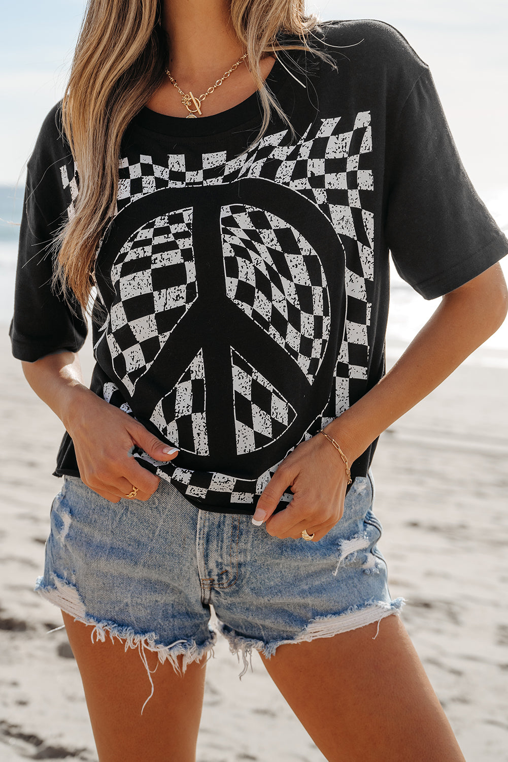 B&W Checkerboard Peace Sign T Shirt