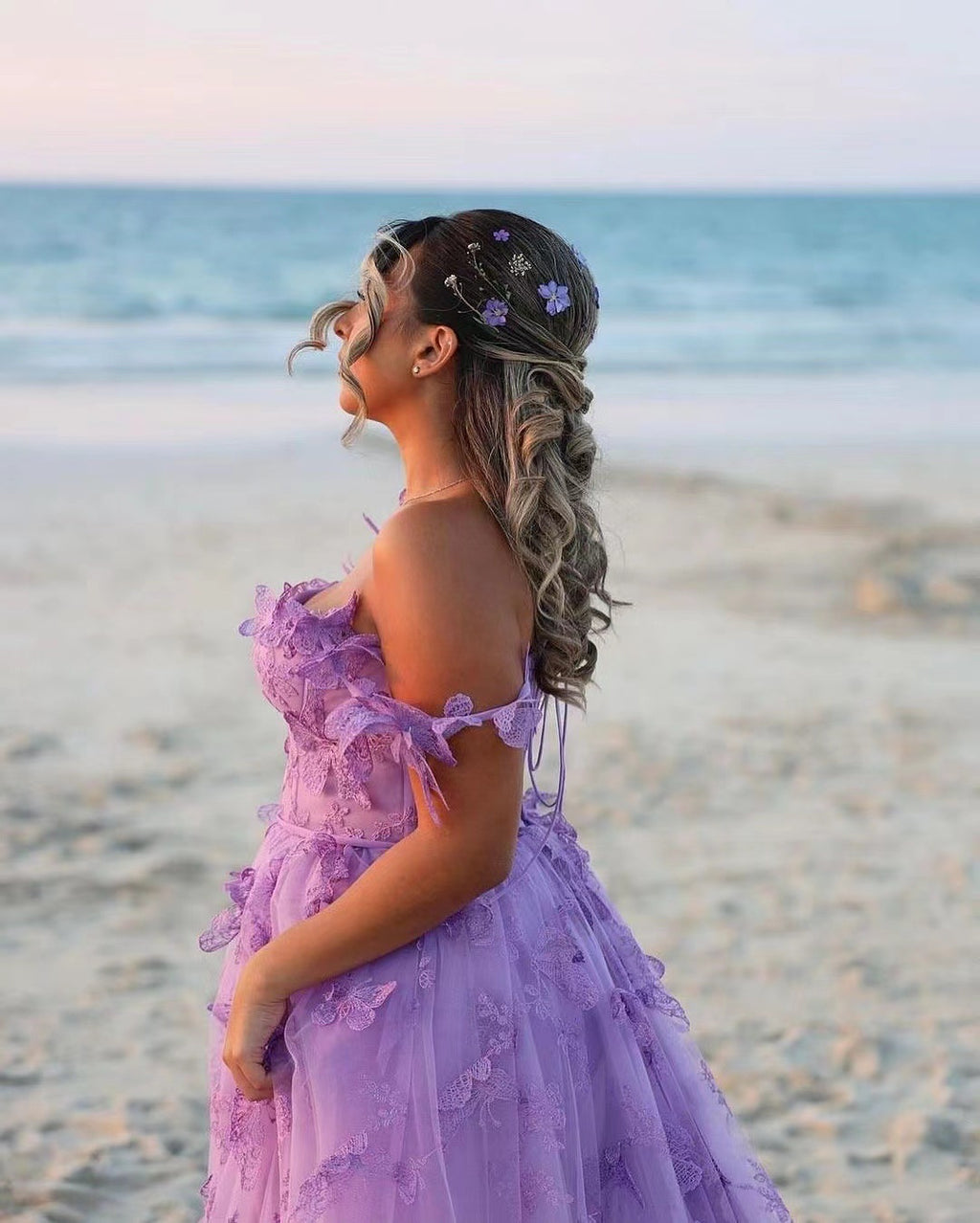 Elegant Long Sheer Flowy Floral & Butterfly Lace Gown