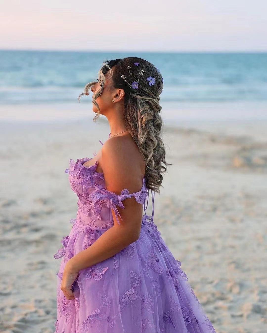 Elegant Long Sheer Flowy Floral & Butterfly Lace Gown