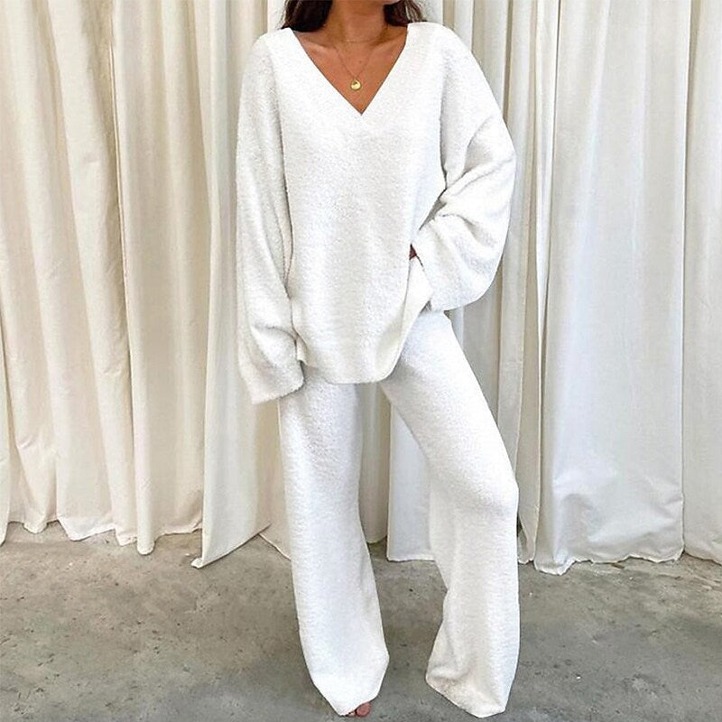 White Comfortable Solid Color V-Neck Two-Piece Fleece Set