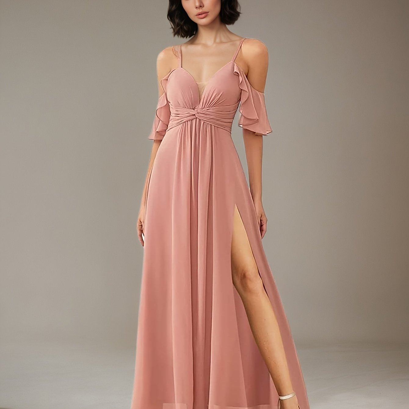Elegant Cold Shoulder V-Neck Bridesmaid Dress