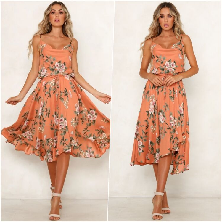 Sherbet Floral Sleeveless Midi Dress – Loose Fit V-Neck Spaghetti Strap Dress CJ Dropshipping Floral Dress