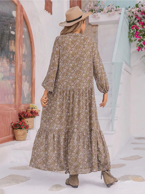 Brown Floral Button Up V-Neck Tiered Maxi Dress Bazarre Mart Long Sleeve Floral Midi Dresses
