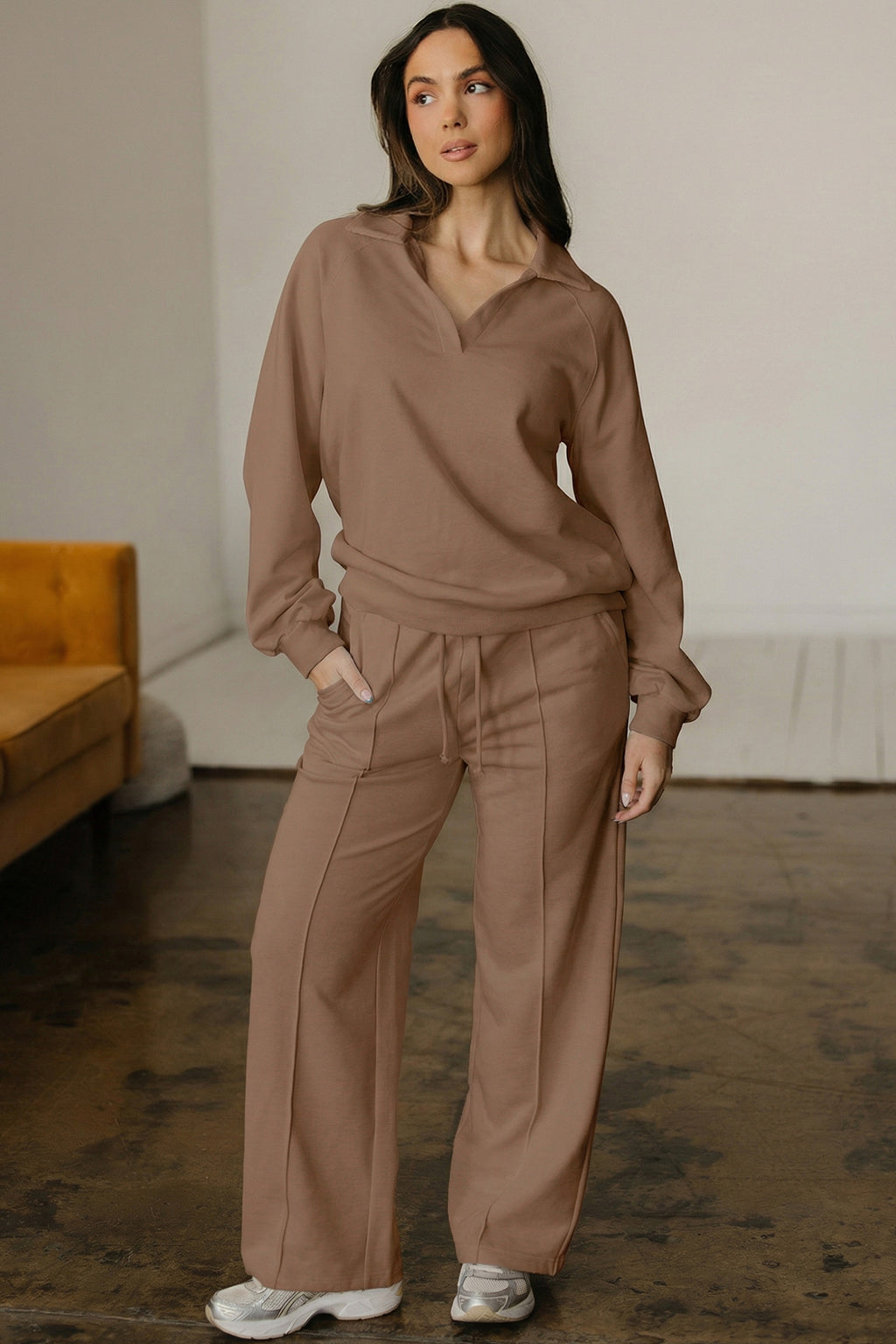 Polo Collar V Neck Pullover and Drawstring Sweatpants Set Bazaare Mart Two Piece Sets/Pant Sets