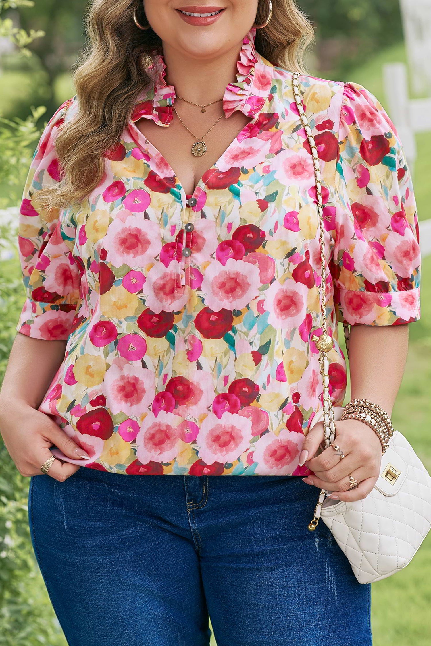Plus Size Floral Split V-Neck Top – Puff Sleeve Button Detail Blouse Dear-Lover Dropshipping Plus Size/Plus Size Tops/Plus Size Blouses & Shirts