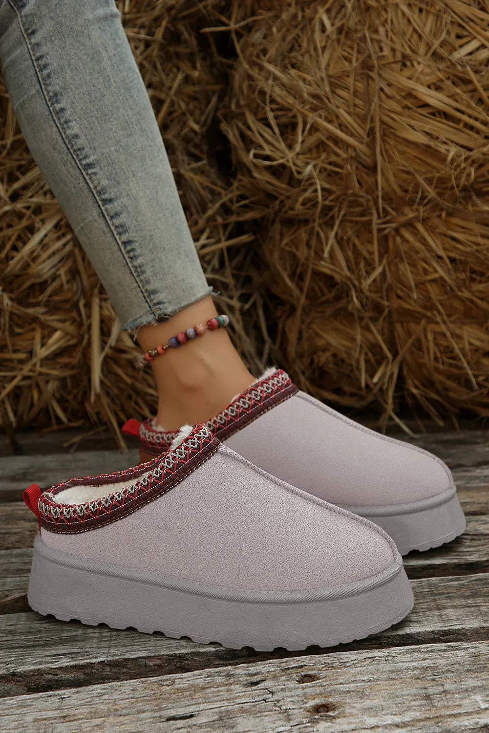 Suede Fur Trim Thick Flat Slippers Dear-Lover Slippers