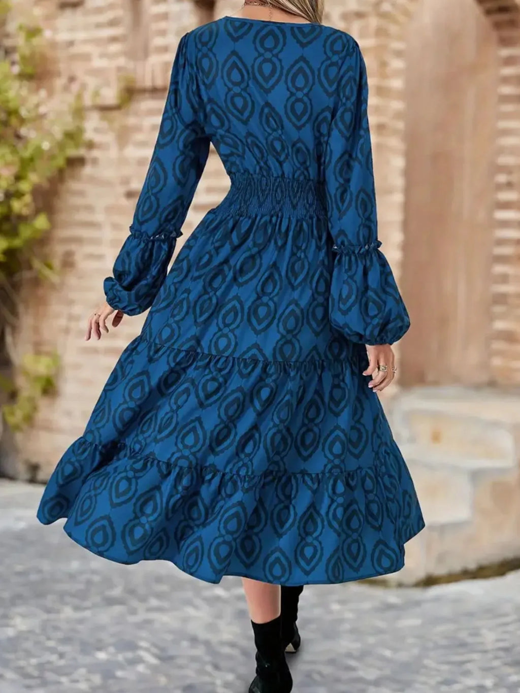Printed Round Neck Balloon Sleeve Dress Trendsi Long Sleeve Printed Midi Dress