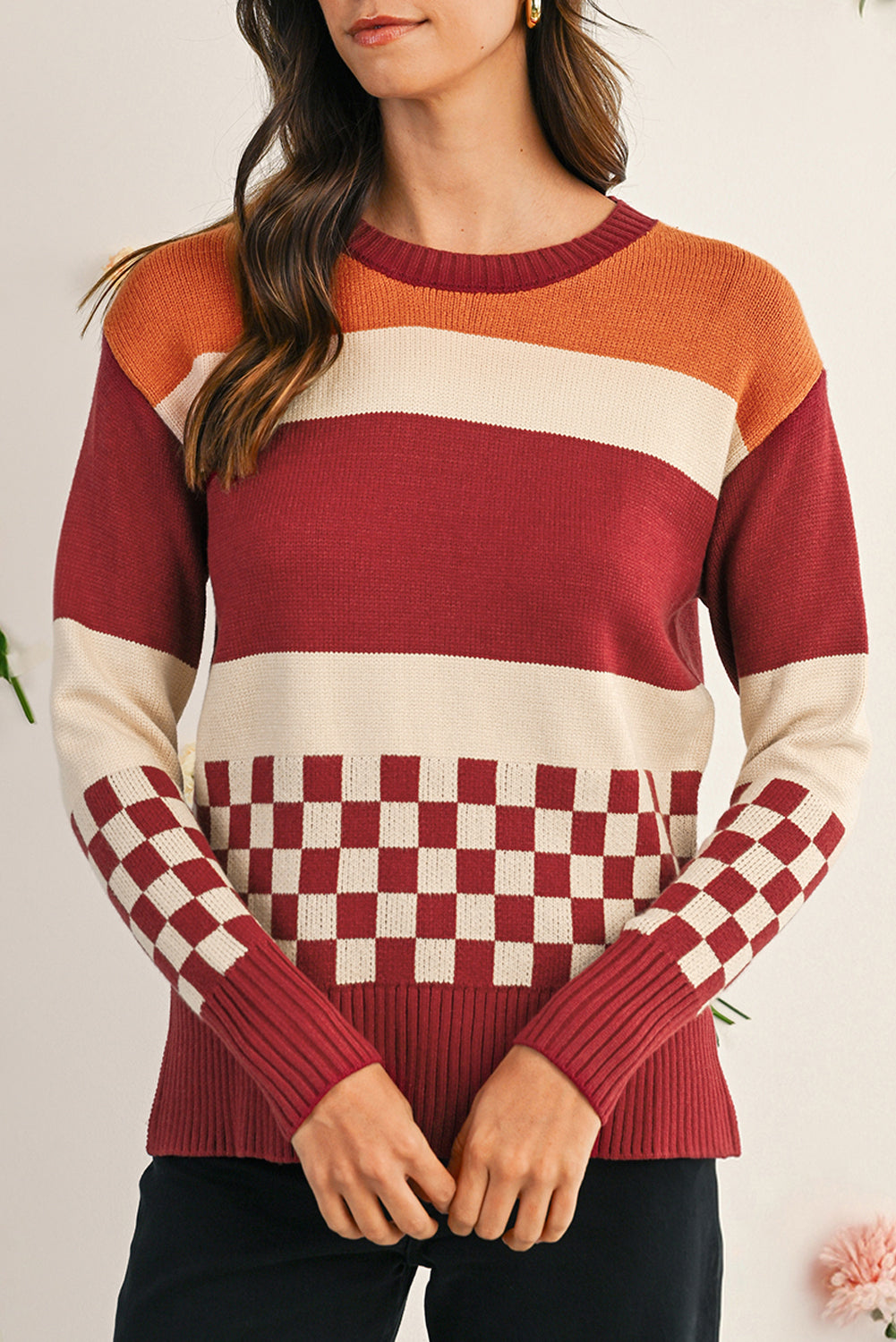 Brown Checkered Colorblock Knitted Drop Shoulder Sweater