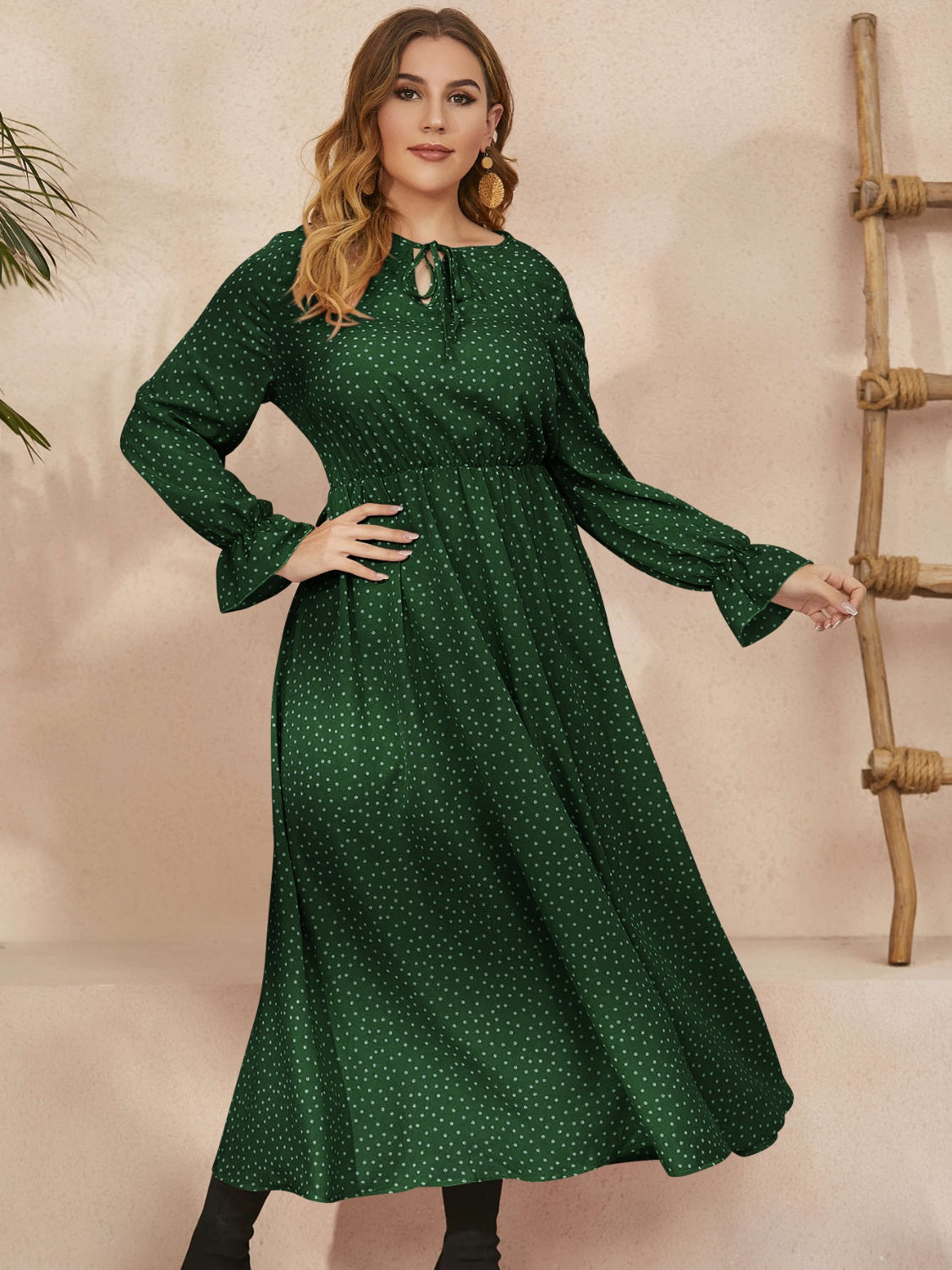 Fall Ruffled Polka Dot Long Sleeve Midi Dress